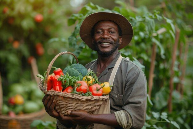 A farmer holding a basket of freshly harvested vegetables
